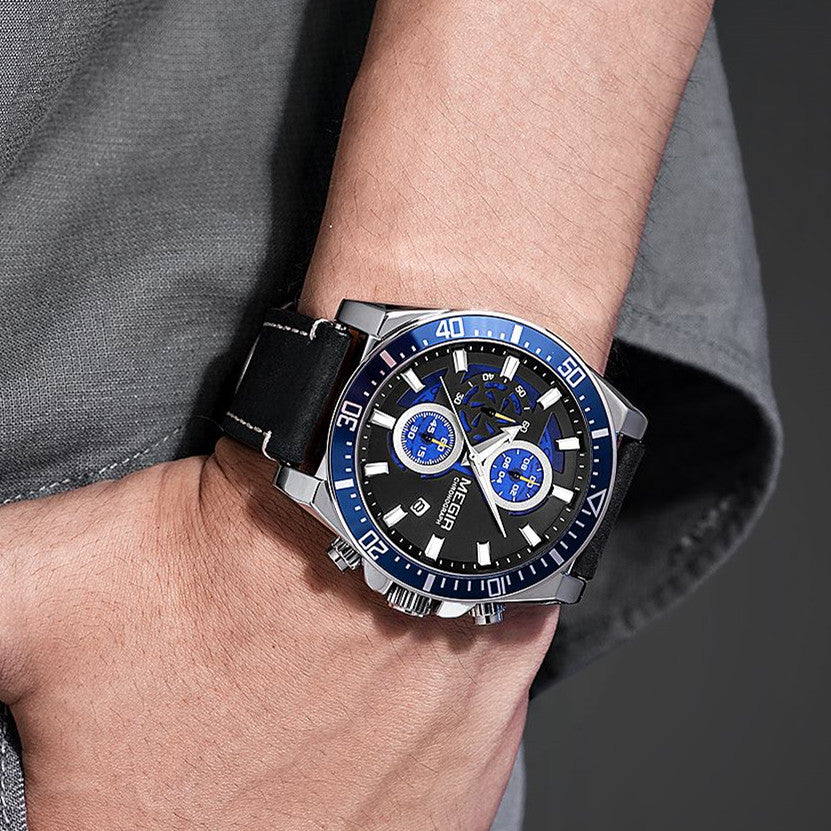 MEGIR Fashion Watches for Men Leather Strap Sport Military Wristwatch Man Quartz Watch Waterproof Chronograph with Calendar 2132