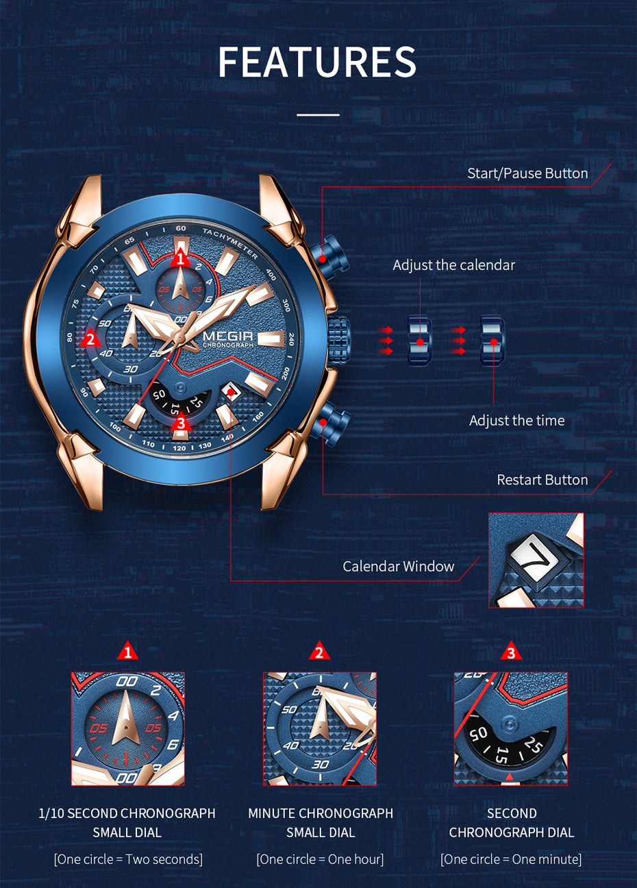 MEGIR Fashion Men Watches Luxury Business Watch for Men Stainless Steel Quartz Wrist Watch Calendar Date Clock Reloj Hombre 2065