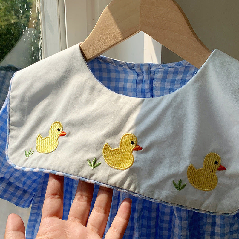 Summer Baby Kids Girls Short Sleeves Crew Neck Duck Pattern Plaid Dress