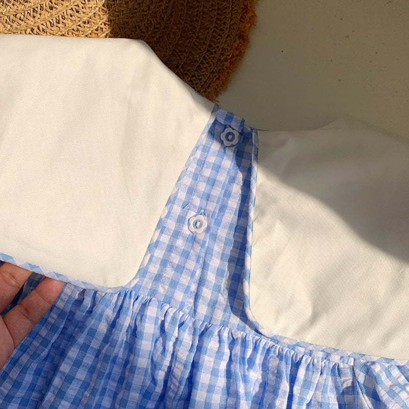 Summer Baby Kids Girls Short Sleeves Crew Neck Duck Pattern Plaid Dress