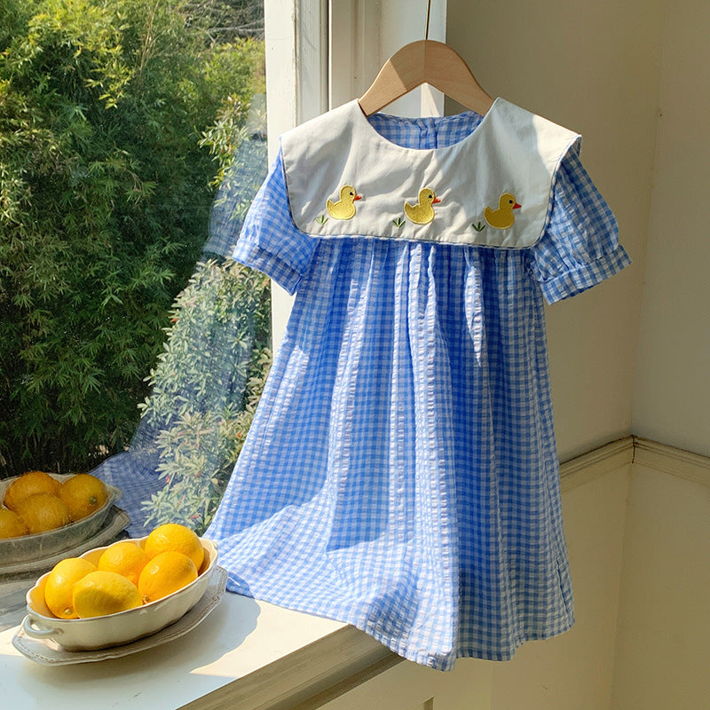 Summer Baby Kids Girls Short Sleeves Crew Neck Duck Pattern Plaid Dress